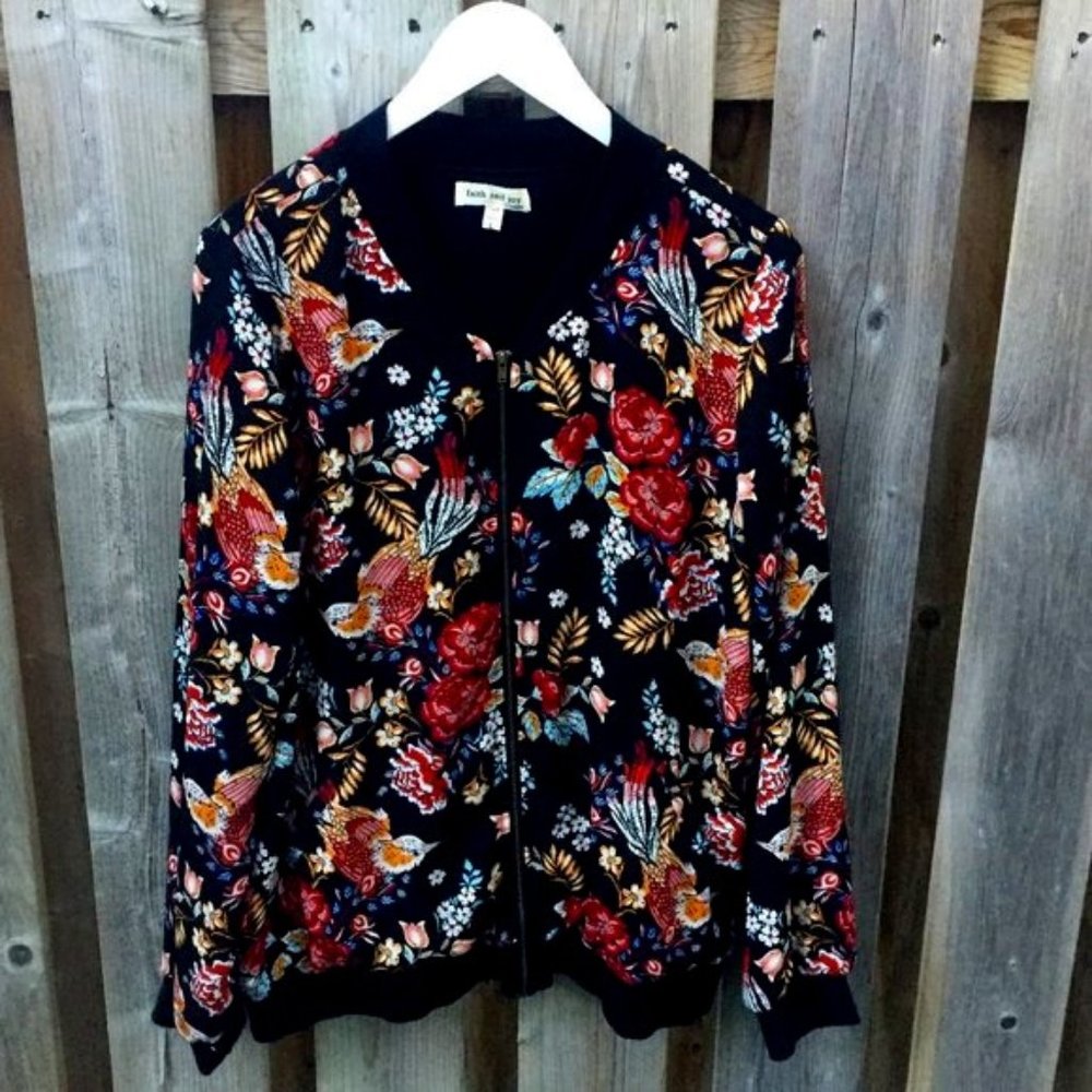 Faith & Joy floral bird black zip up bomber jacket - size L
